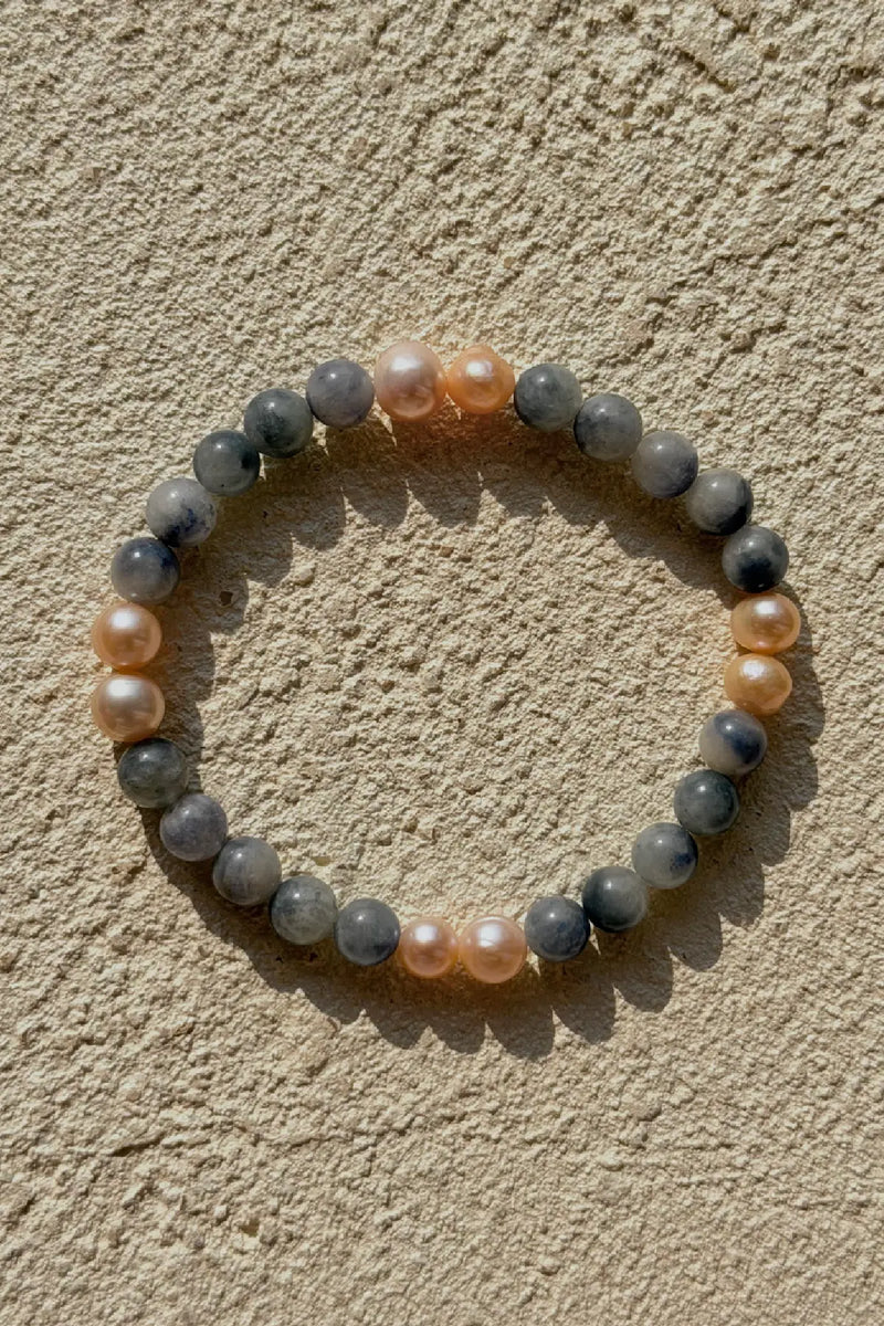 Blue Rabbit Hair Quartz & Pearl Bracelet