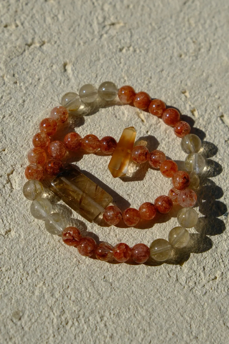 Golden Rutilated Quartz & Red Hematoid Quartz Double Wrap Bracelet