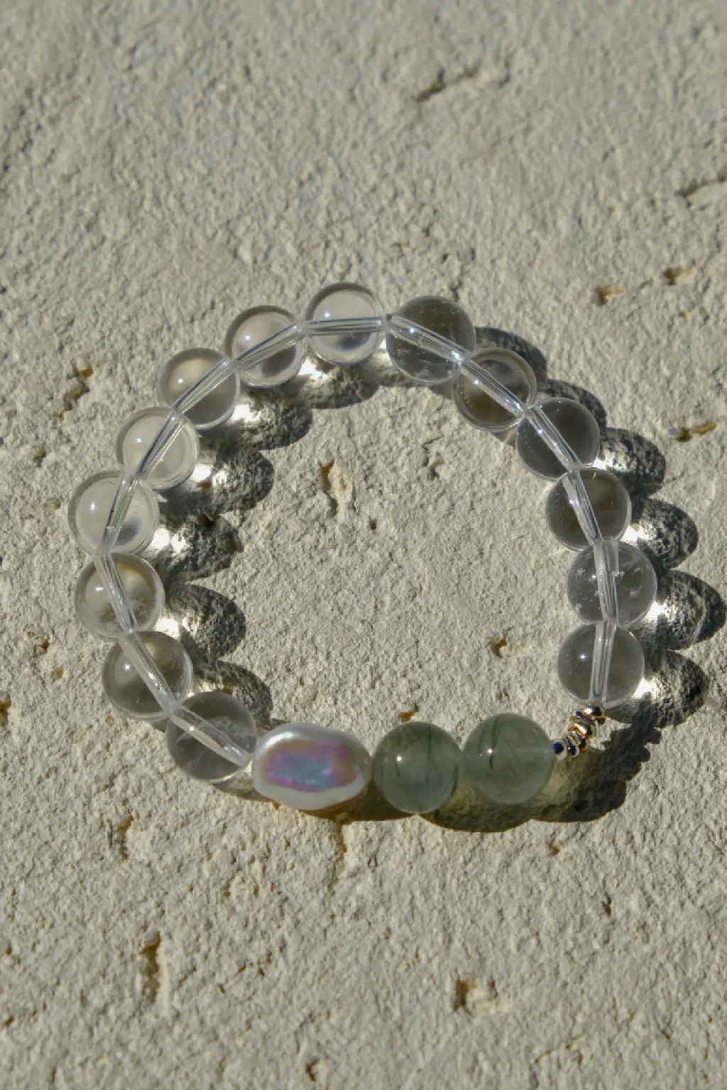 Clear Quartz & Green Rutilated Quartz & Baroque Pearl Bracelet